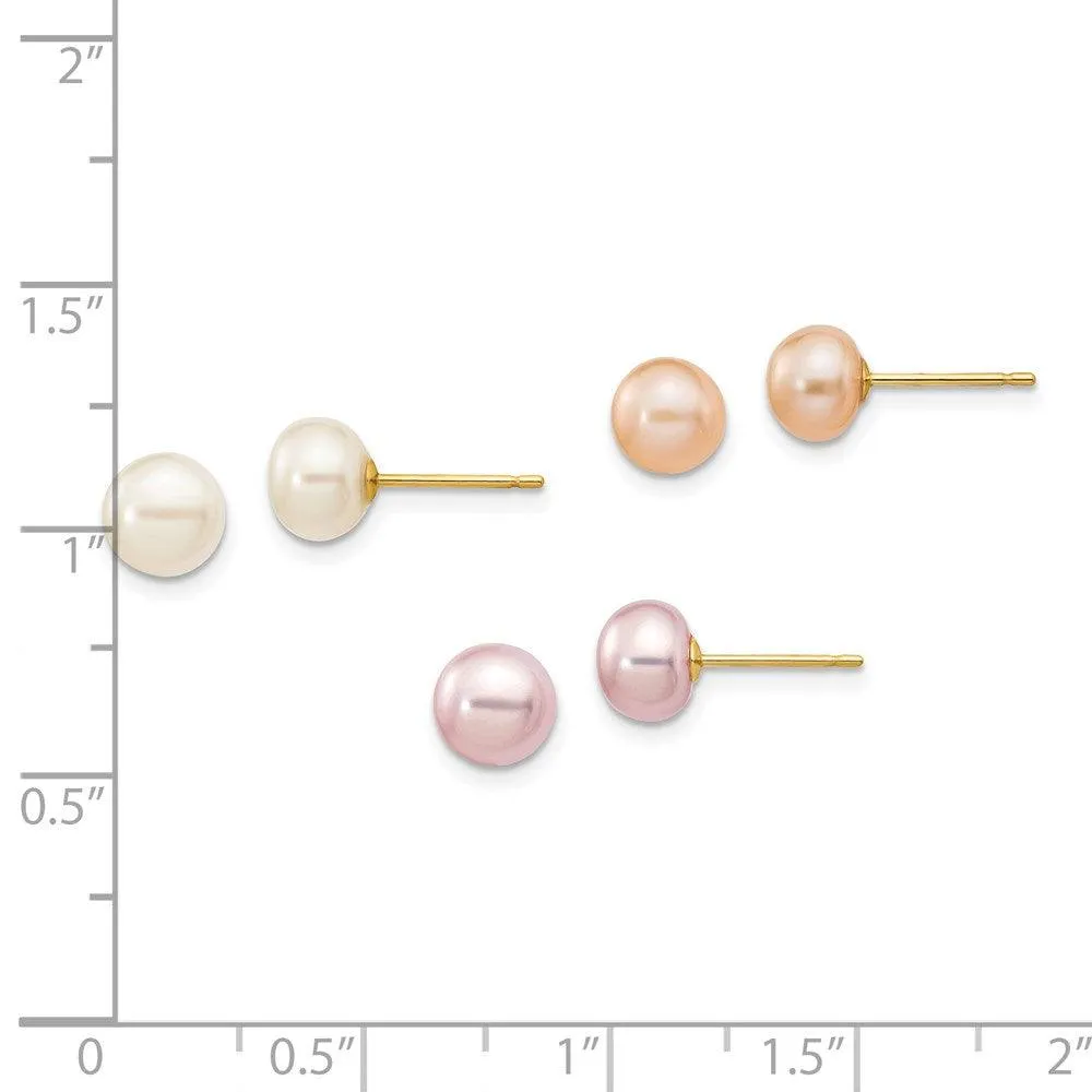 14k 6-7mm Button Freshwater Cultured Pearl Boxed 3 pair Post Earrings Set