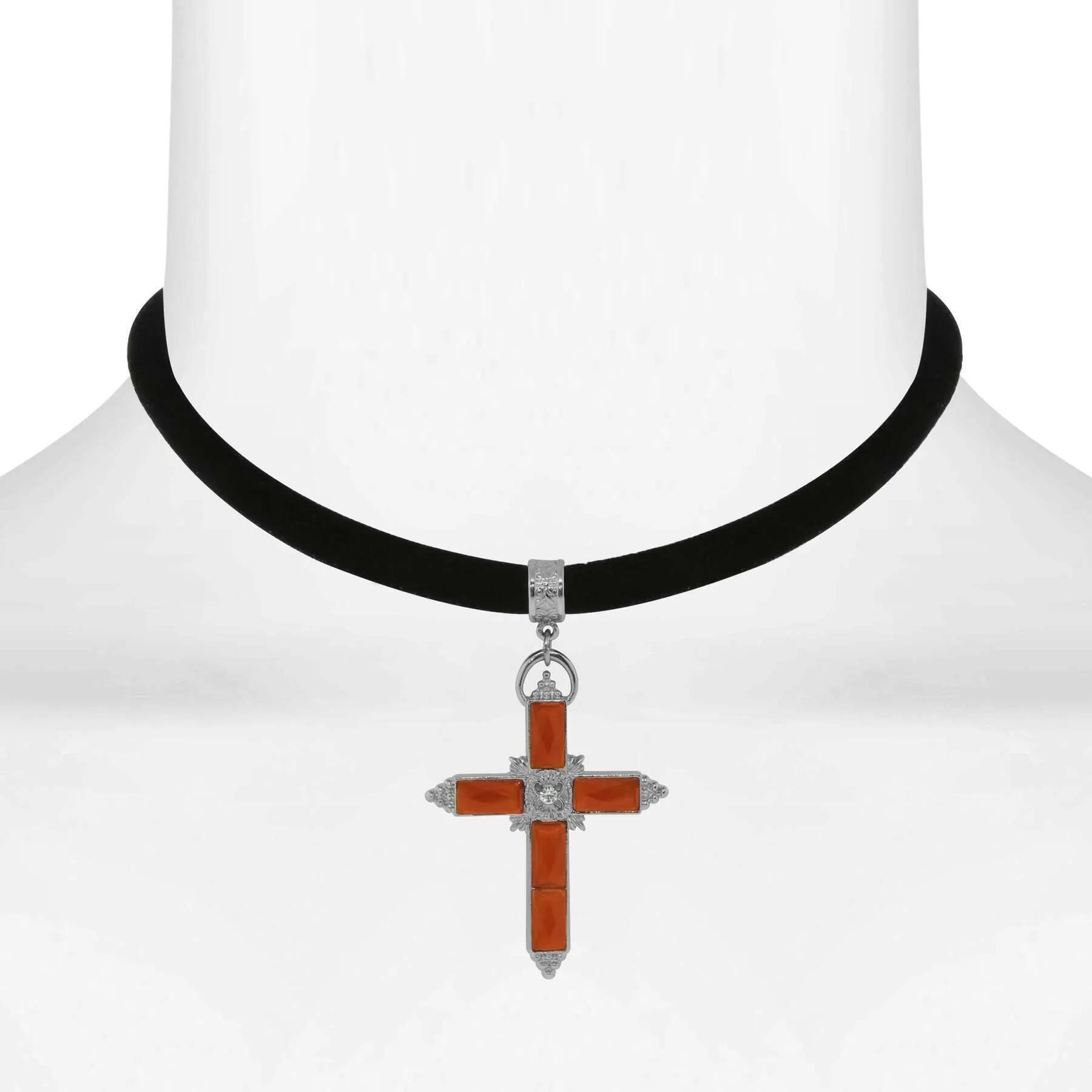 1928 Jewelry Austrian Carnelian Red Crystal Cross Black Velvet Choker Necklace 12"   5" Extender