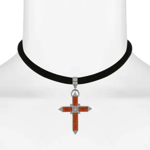 1928 Jewelry Austrian Carnelian Red Crystal Cross Black Velvet Choker Necklace 12"   5" Extender