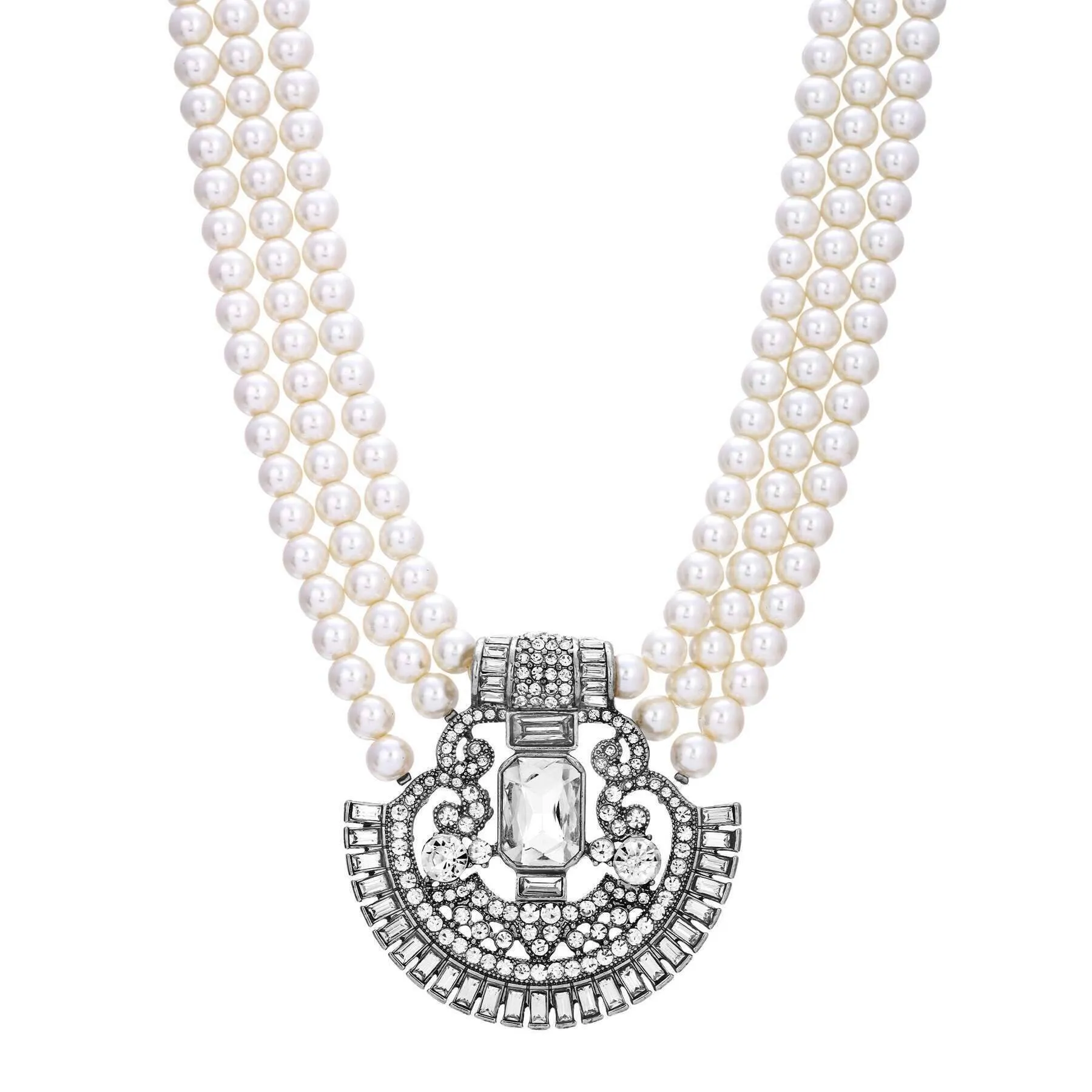 1928 Jewelry Three Row Beaded Strand Multi Crystal Pendant Necklace 16"   3" Extender