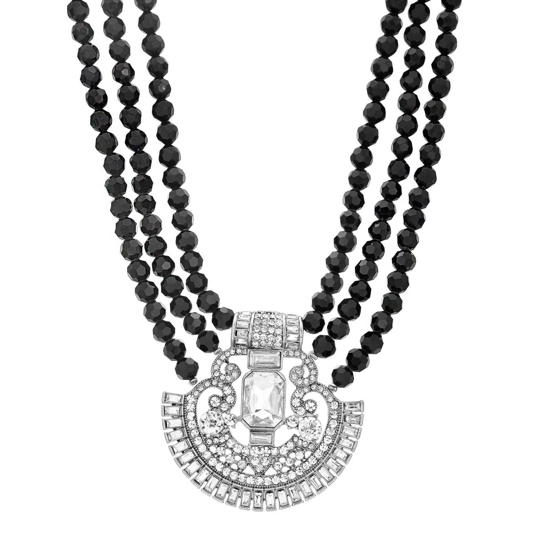 1928 Jewelry Three Row Beaded Strand Multi Crystal Pendant Necklace 16"   3" Extender