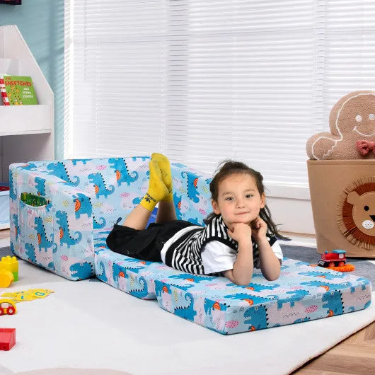 2-in-1 Convertible Kids Sofa With Velvet Fabric-Light Blue