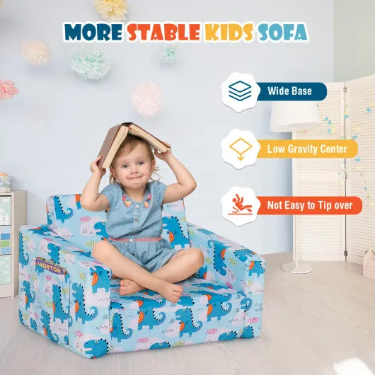 2-in-1 Convertible Kids Sofa With Velvet Fabric-Light Blue