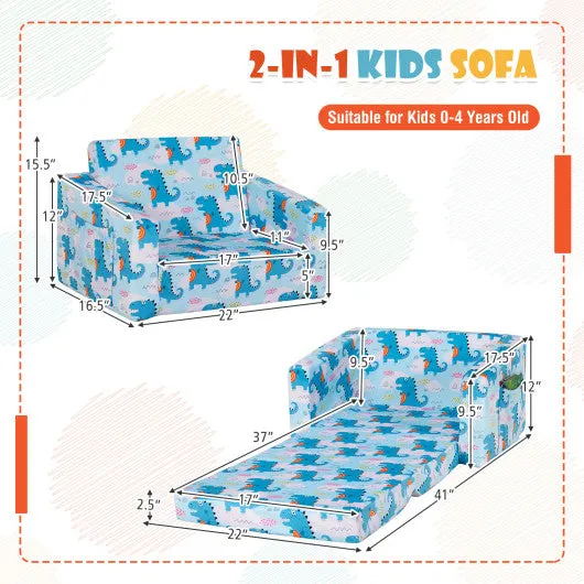 2-in-1 Convertible Kids Sofa With Velvet Fabric-Light Blue