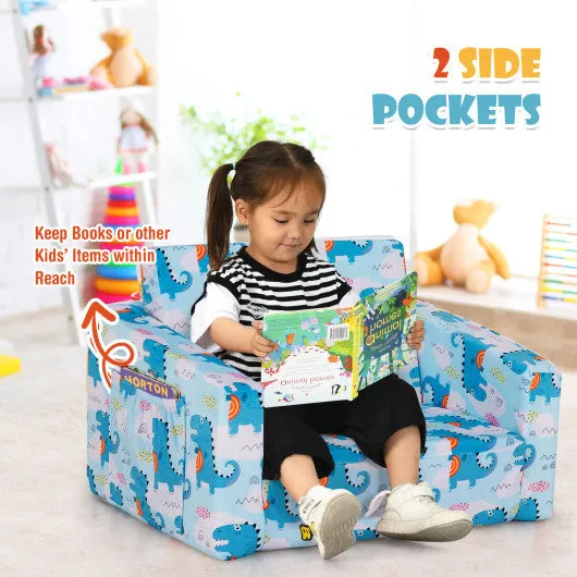 2-in-1 Convertible Kids Sofa With Velvet Fabric-Light Blue