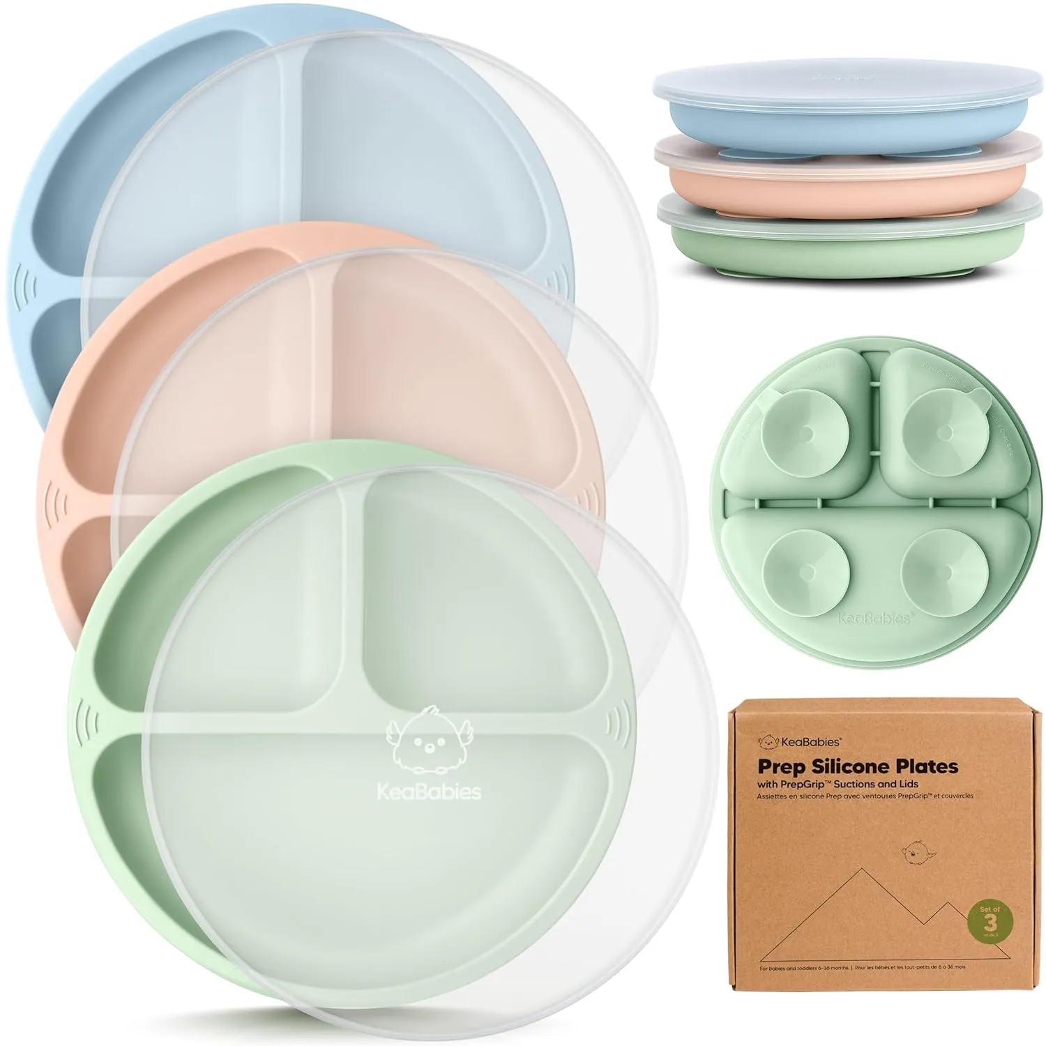 3-Pack Prep Silicone Suction Plates with Lids (Mellow)