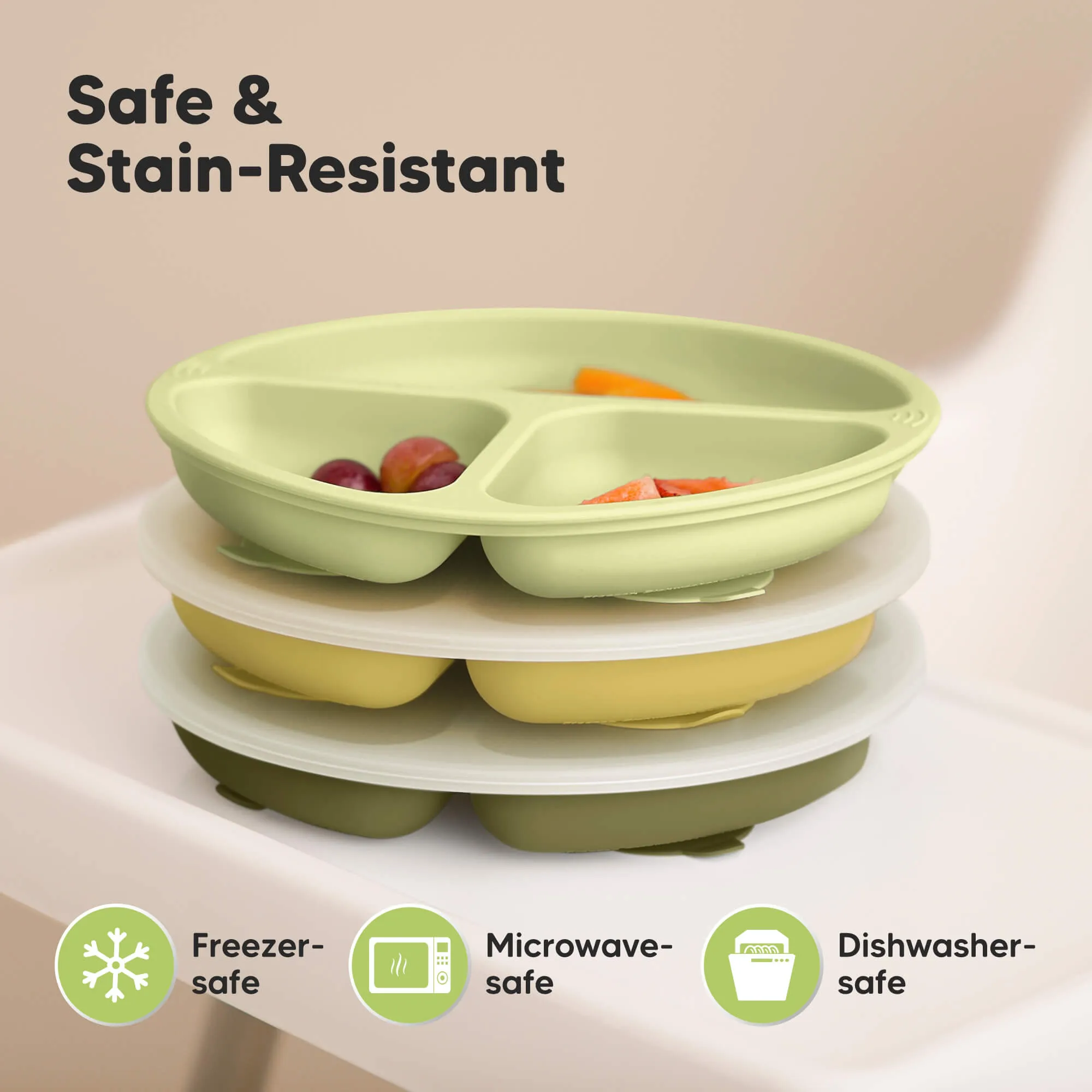 3-Pack Prep Silicone Suction Plates with Lids (Olives)