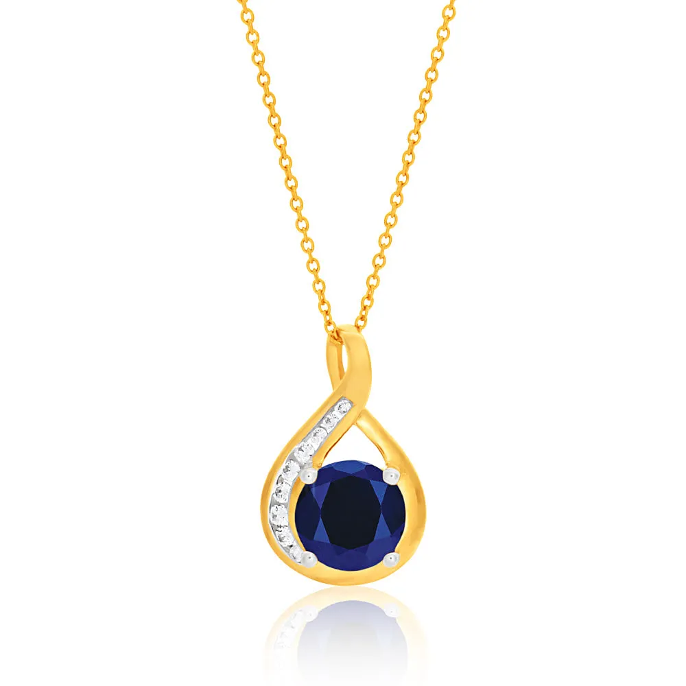 9ct Yellow Gold Created Blue Sapphire and Zirconia Pendant On 45cm Chain