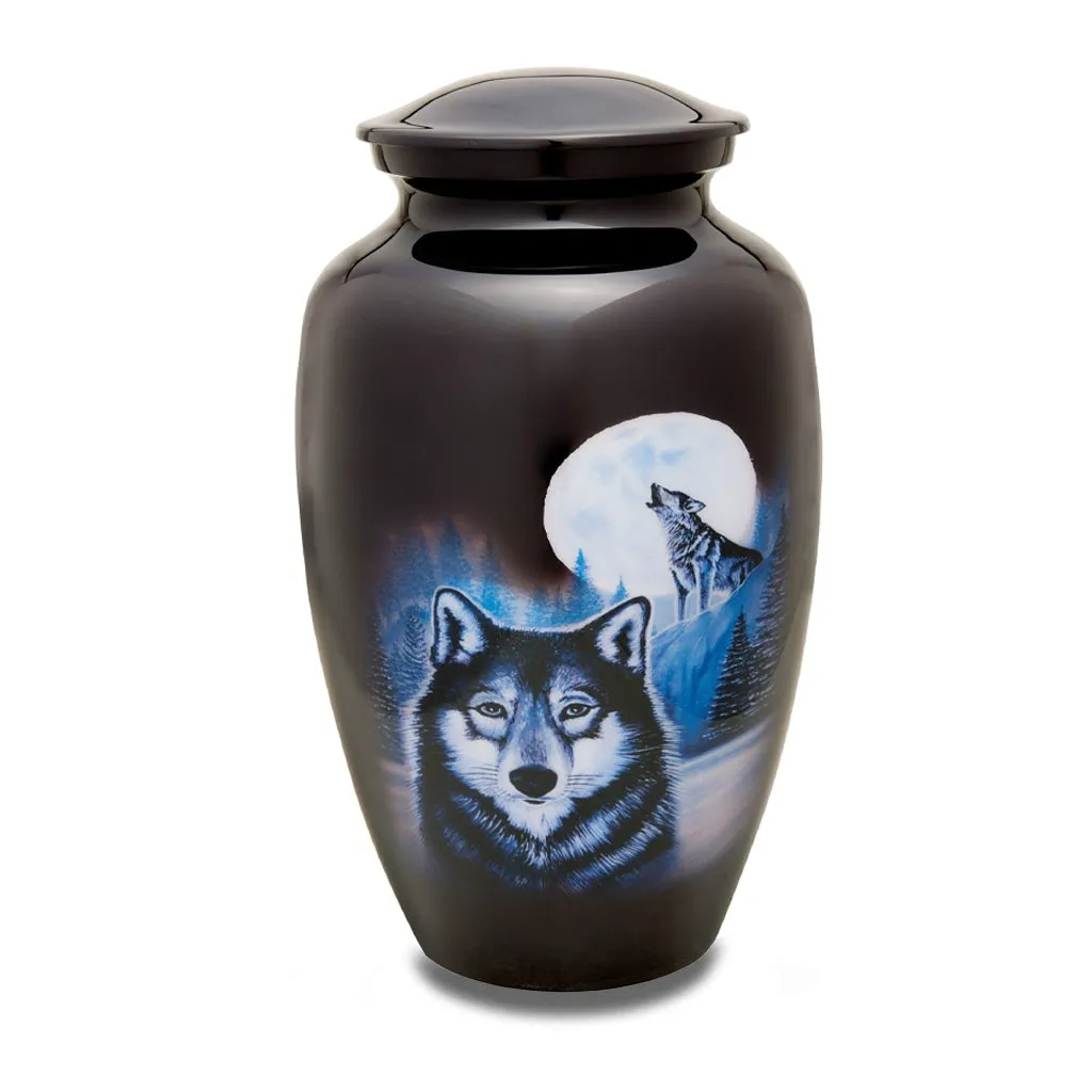 ADULT- Alloy urn - Hand Painted Moonlit Wolf