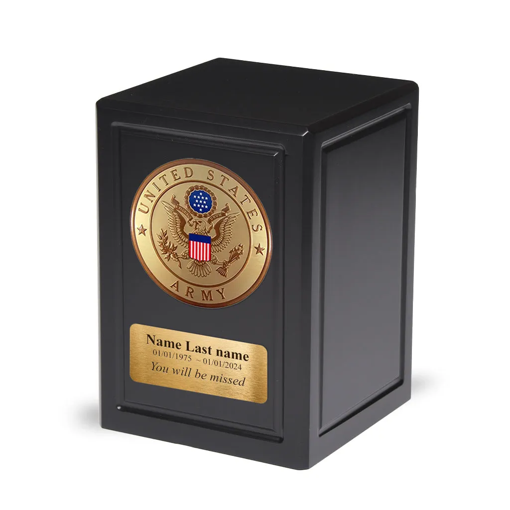 ADULT - Basswood  Urn  -AW04- Black with Military Emblem and Optional Plate