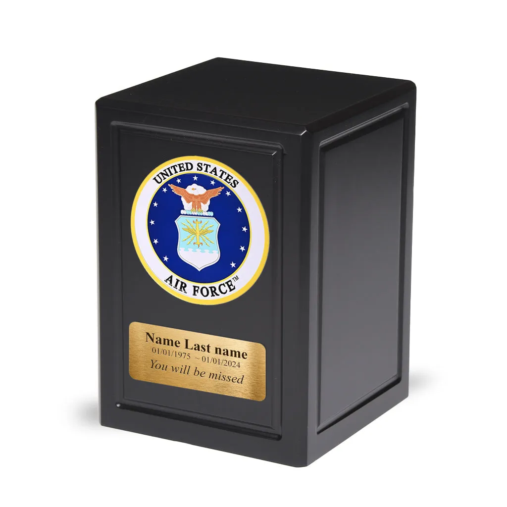 ADULT - Basswood  Urn  -AW04- Black with Military Emblem and Optional Plate