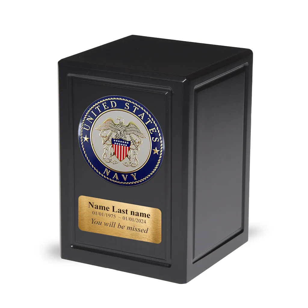 ADULT - Basswood  Urn  -AW04- Black with Military Emblem and Optional Plate