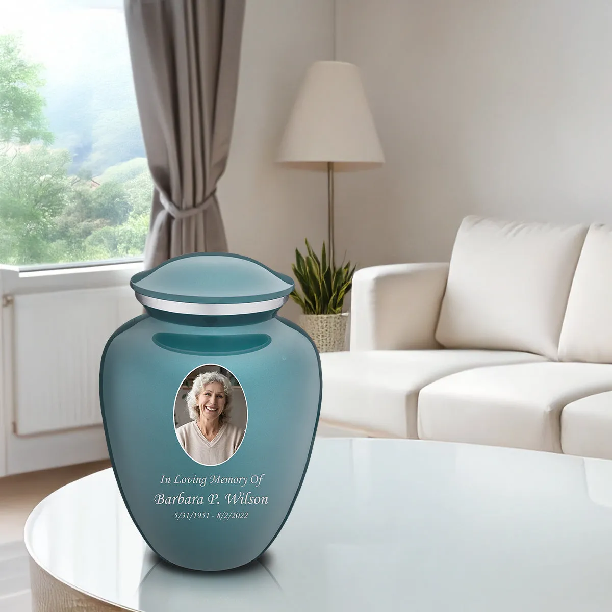 Adult Embrace Teal Portrait Cremation Urn