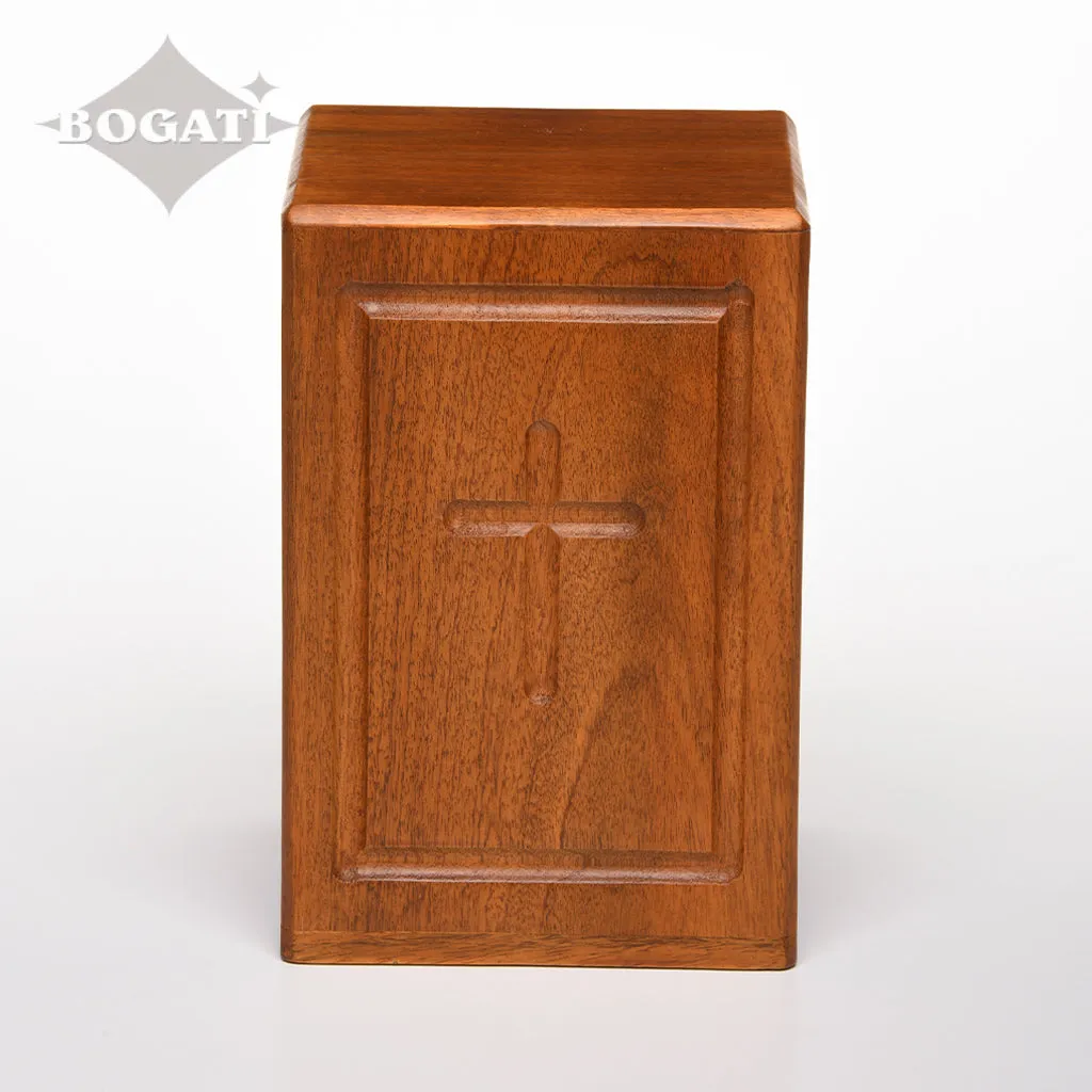 ADULT - Mango Wood Rustic Tower Urn - Border and Cross