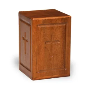 ADULT - Mango Wood Rustic Tower Urn - Border and Cross