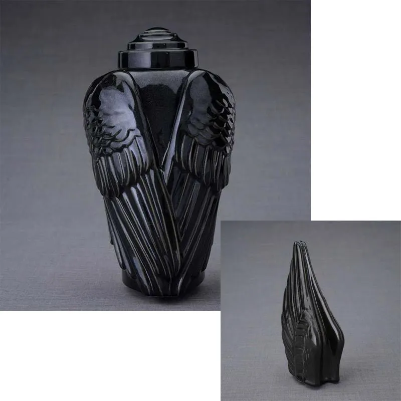Angel Wings Sculpture Ceramic Cremation Urn in Black