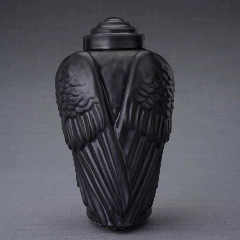 Angel Wings Sculpture Ceramic Cremation Urn in Black