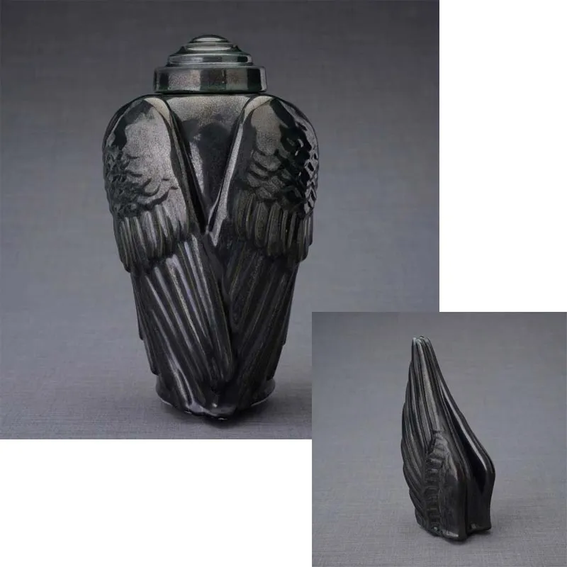 Angel Wings Sculpture Ceramic Cremation Urn in Black