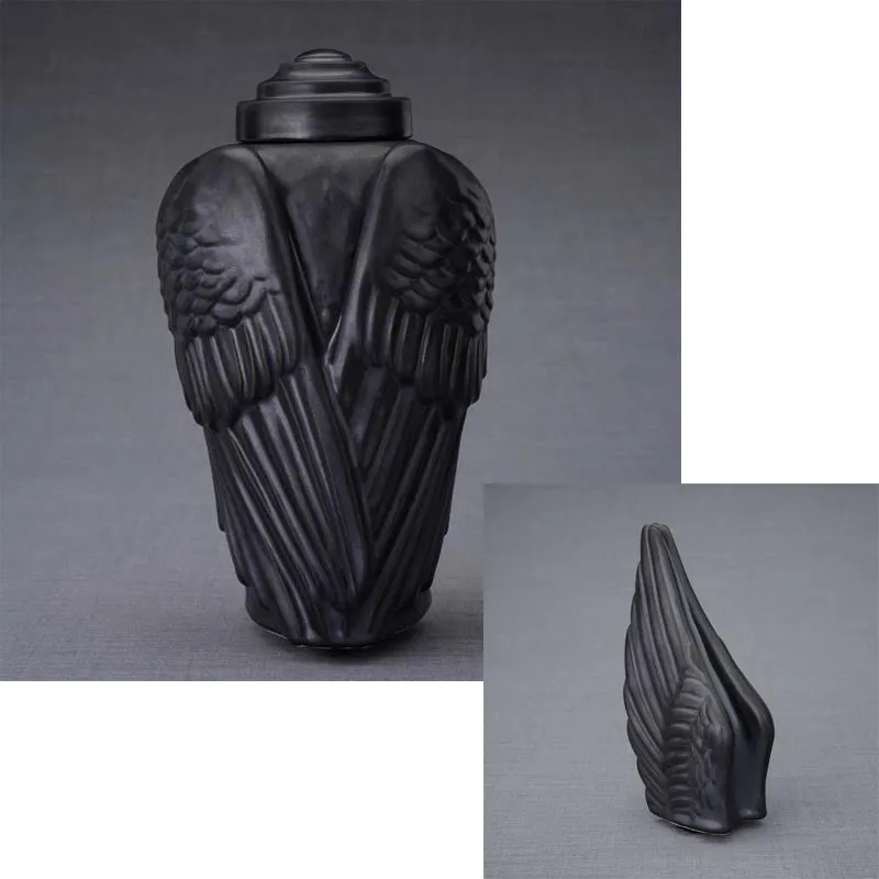 Angel Wings Sculpture Ceramic Cremation Urn in Black