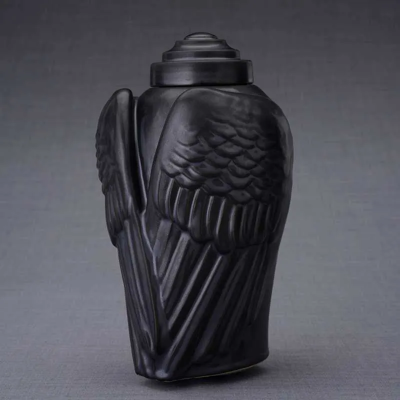 Angel Wings Sculpture Ceramic Cremation Urn in Black