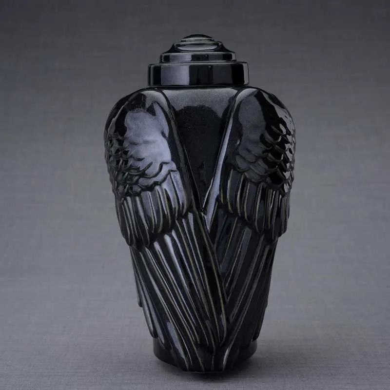 Angel Wings Sculpture Ceramic Cremation Urn in Black