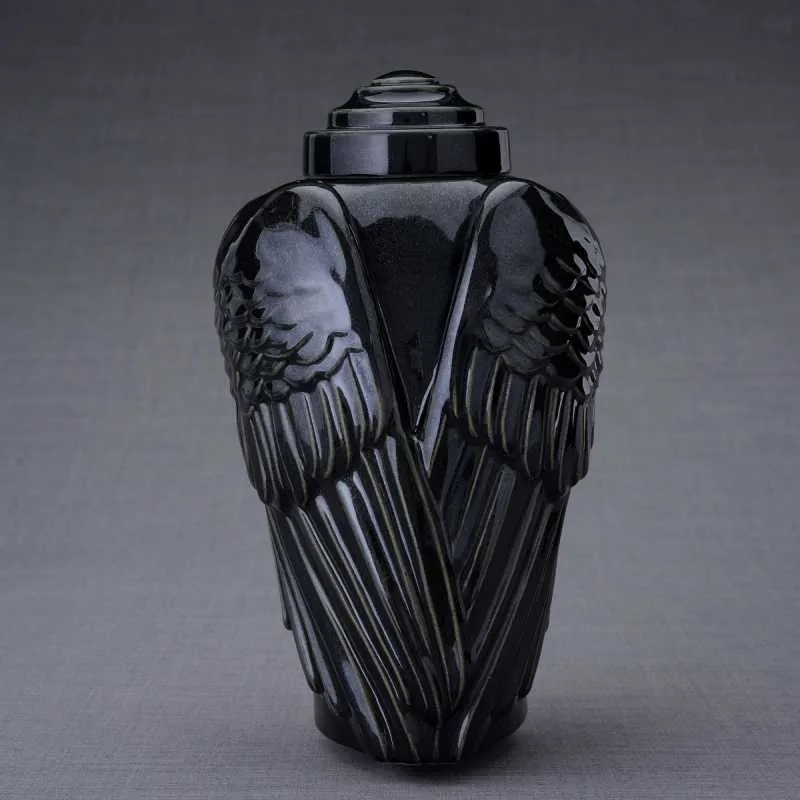 Angel Wings Sculpture Ceramic Cremation Urn in Black