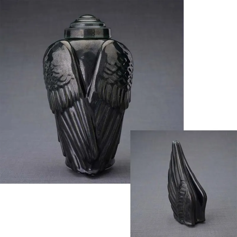 Angel Wings Sculpture Ceramic Cremation Urn in Black