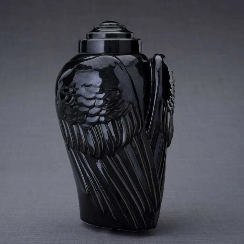 Angel Wings Sculpture Ceramic Cremation Urn in Black