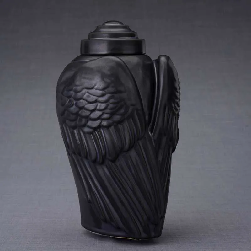 Angel Wings Sculpture Ceramic Cremation Urn in Black
