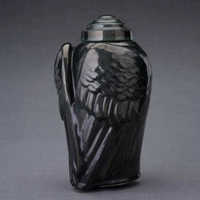 Angel Wings Sculpture Ceramic Cremation Urn in Black
