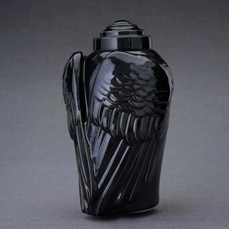 Angel Wings Sculpture Ceramic Cremation Urn in Black