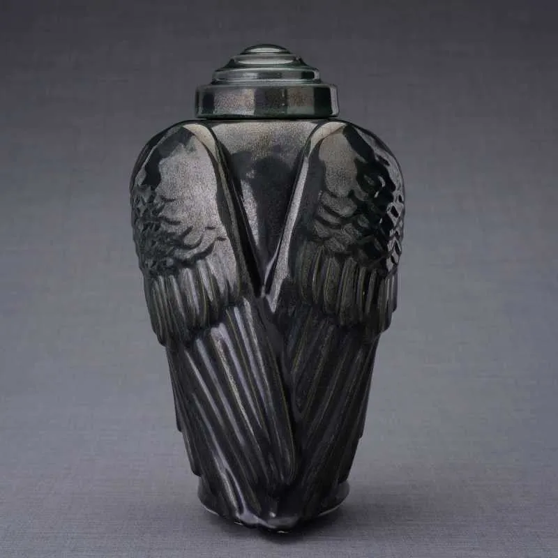 Angel Wings Sculpture Ceramic Cremation Urn in Black