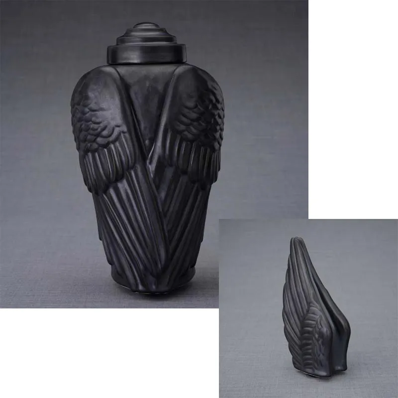 Angel Wings Sculpture Ceramic Cremation Urn in Black