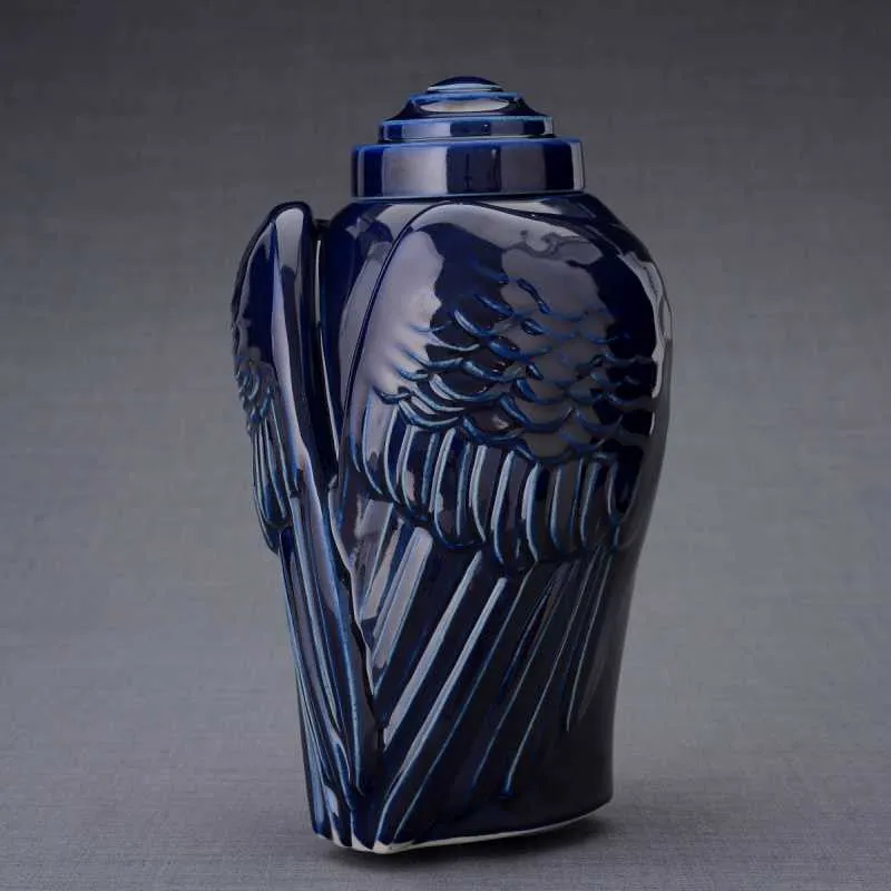 Angel Wings Sculpture Ceramic Cremation Urn in Cobalt Blue