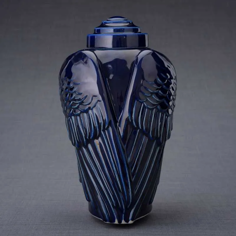 Angel Wings Sculpture Ceramic Cremation Urn in Cobalt Blue