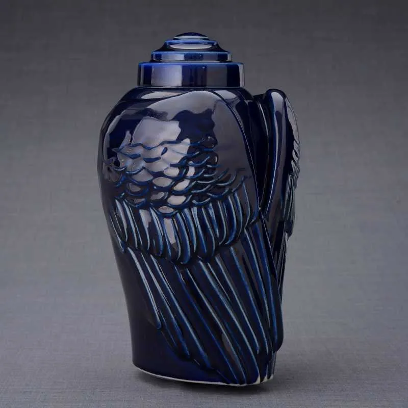 Angel Wings Sculpture Ceramic Cremation Urn in Cobalt Blue