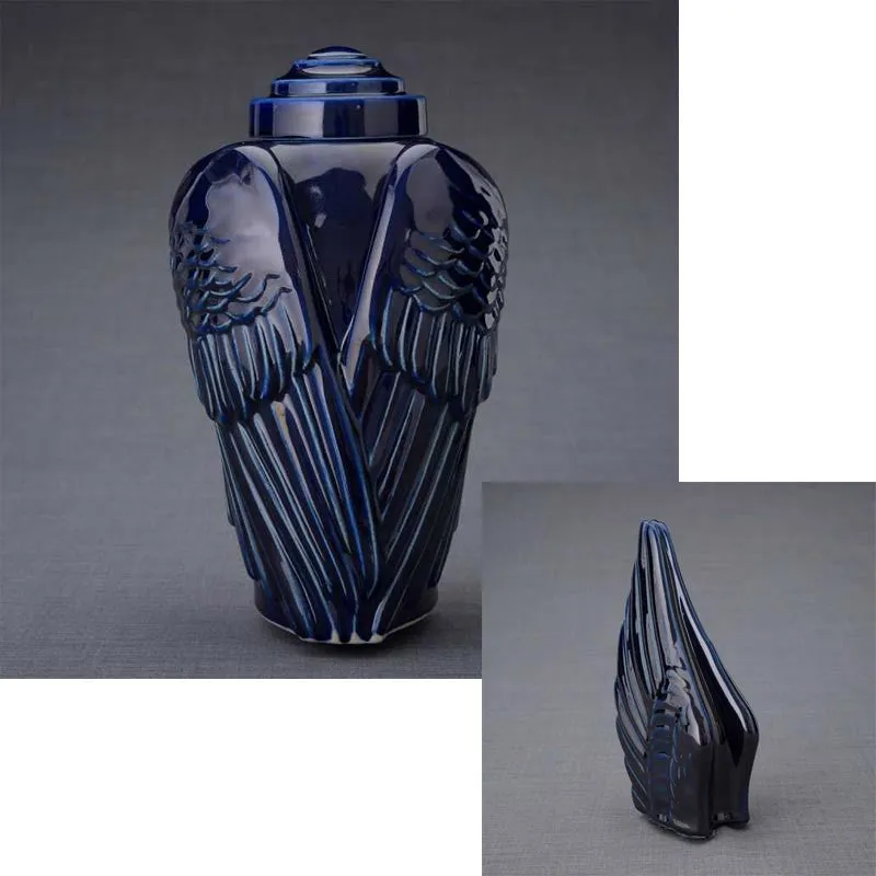 Angel Wings Sculpture Ceramic Cremation Urn in Cobalt Blue