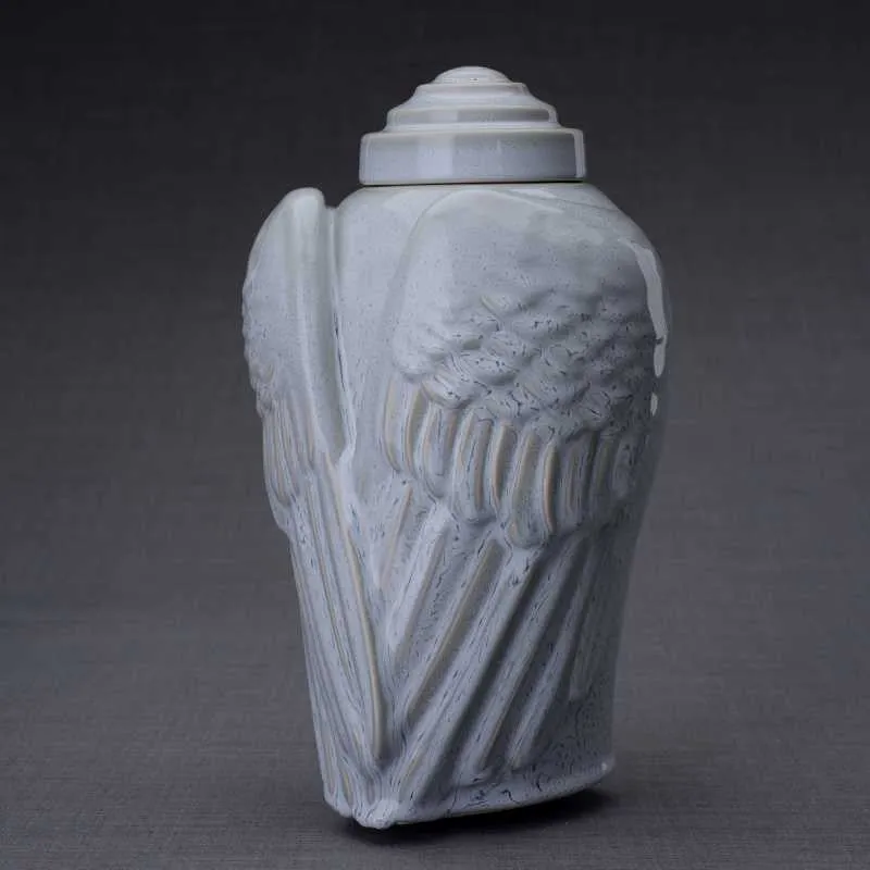 Angel Wings Sculpture Ceramic Cremation Urn in Grey Melange