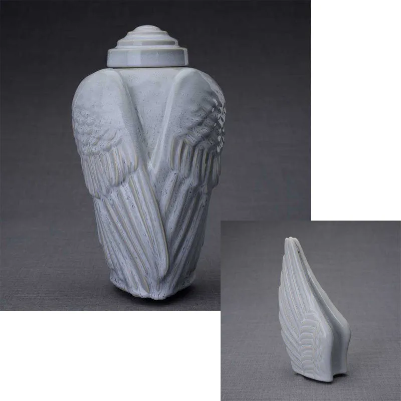 Angel Wings Sculpture Ceramic Cremation Urn in Grey Melange