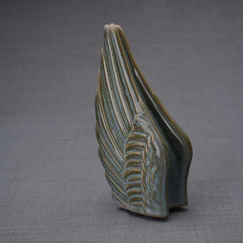 Angel Wings Sculpture Ceramic Cremation Urn in Oiled Green Melange - Small Sharing Keepsake Urn