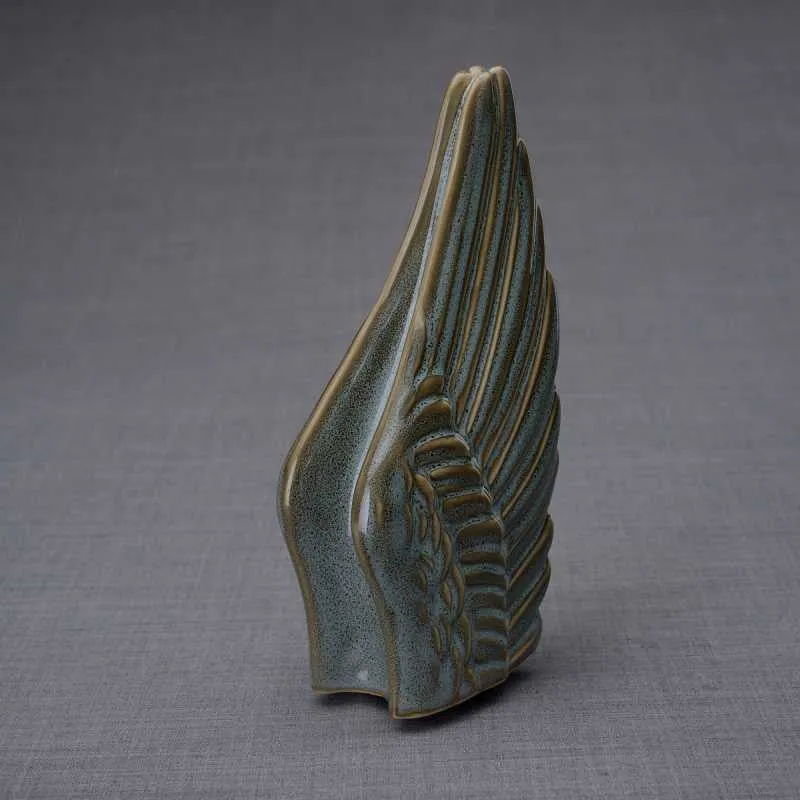 Angel Wings Sculpture Ceramic Cremation Urn in Oiled Green Melange - Small Sharing Keepsake Urn