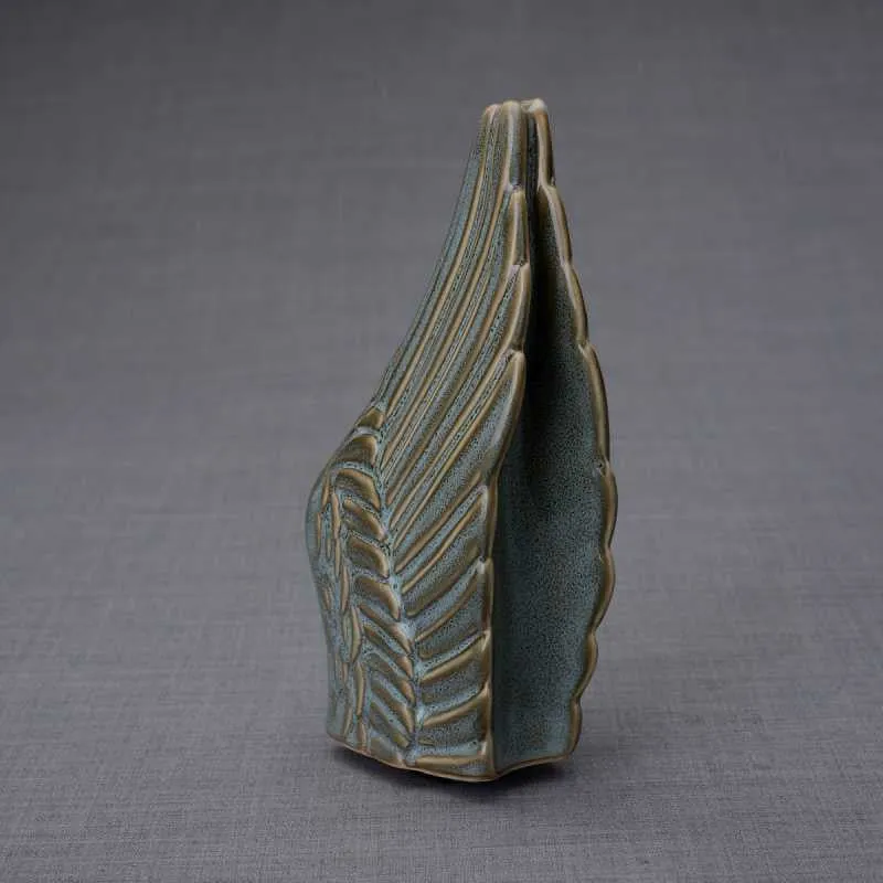 Angel Wings Sculpture Ceramic Cremation Urn in Oiled Green Melange - Small Sharing Keepsake Urn