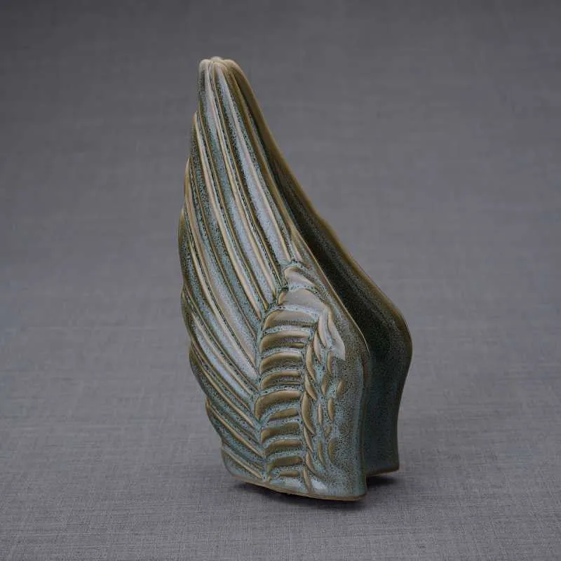 Angel Wings Sculpture Ceramic Cremation Urn in Oiled Green Melange - Small Sharing Keepsake Urn