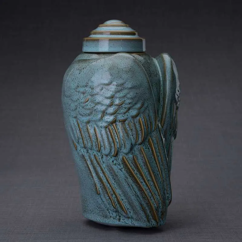 Angel Wings Sculpture Ceramic Cremation Urn in Oiled Green Melange