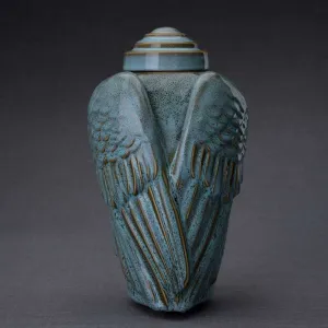 Angel Wings Sculpture Ceramic Cremation Urn in Oiled Green Melange