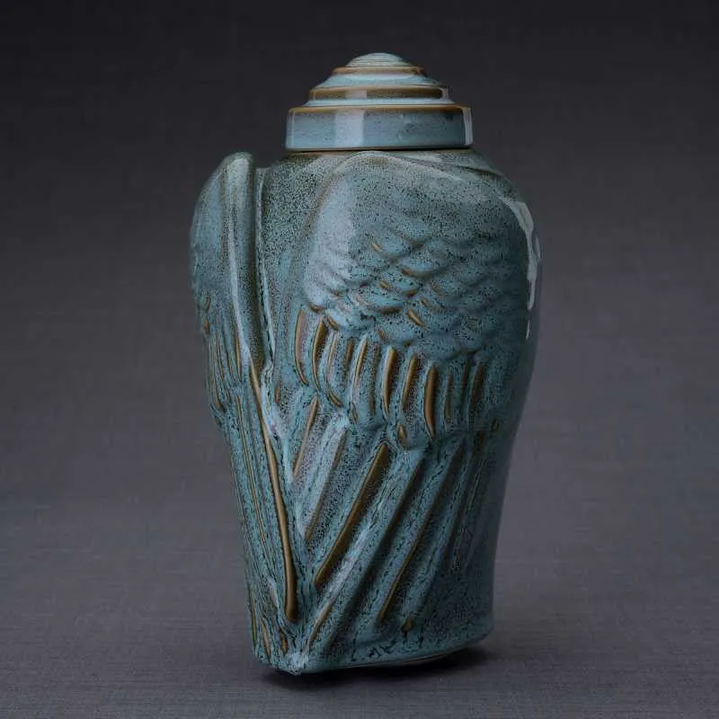 Angel Wings Sculpture Ceramic Cremation Urn in Oiled Green Melange