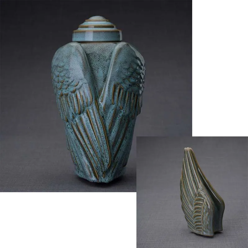 Angel Wings Sculpture Ceramic Cremation Urn in Oiled Green Melange