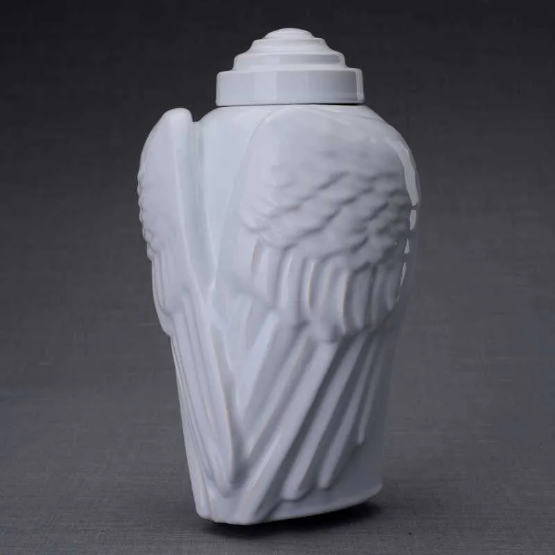 Angel Wings Sculpture Ceramic Cremation Urn in White