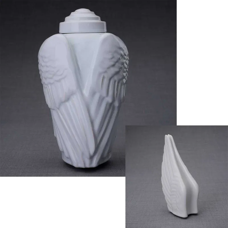 Angel Wings Sculpture Ceramic Cremation Urn in White