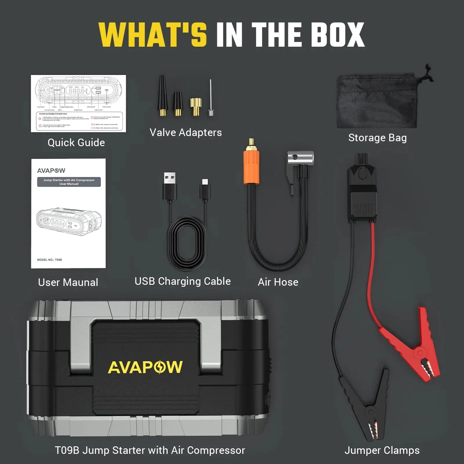 Avapow T09B Tire Inflator 150PSI Car Air Pump & Jump Starter